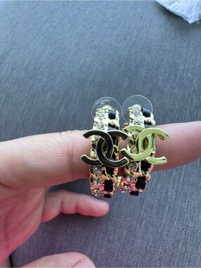 Luxury Gold and Black Interlocking CC Hoop Earrings